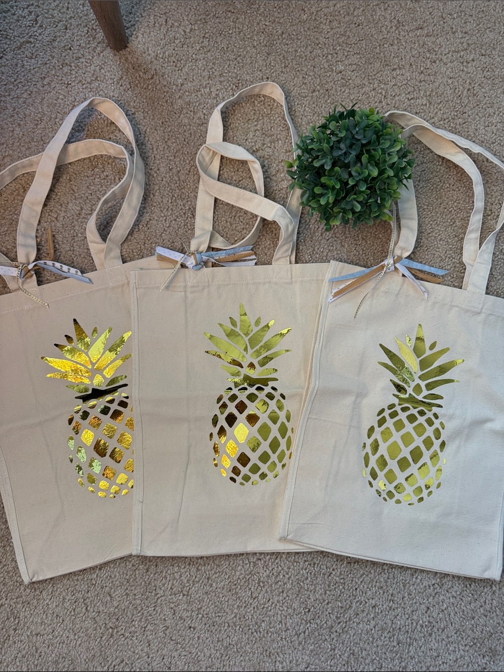 Lot of 3 reusable Canvas Pineapple Tote Bag in Gold